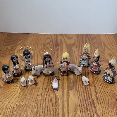 Mexican Folk Art Nativity Set 14 Piece Handpainted Clay Pottery Christmas • $34.95