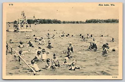 Rice Lake Wisconsin V-79 D-5318 Children Playing Swimming Vintage Postcard • $8.99