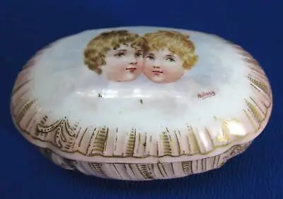 Hand-painted Porcelain Oval Match Box / Striker 2 Children Pink & Gold • $49.99