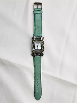 Vintage Heidi Daus Gold Tone Crystal Watch With Turquois Leather Band  • $49.99