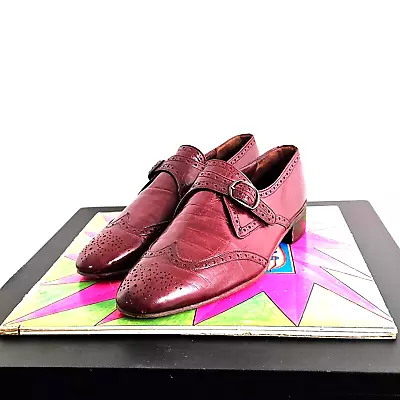 Vintage 70s Burgundy Oxblood Leather Monk Strap Shoes Loafers Made In Spain Sz 9 • $79