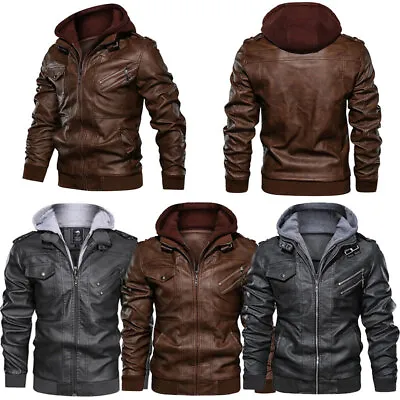 Men's Motorcycle Biker Pu Leather Hooded Jacket Zip Up Coat Outwear Tops • $19.99