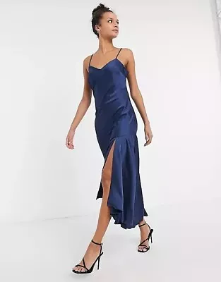 New Look Navy Satin Frill Hem Strappy Midi Maxi Dress Chic Party Prom Wedding Uk • £27.99