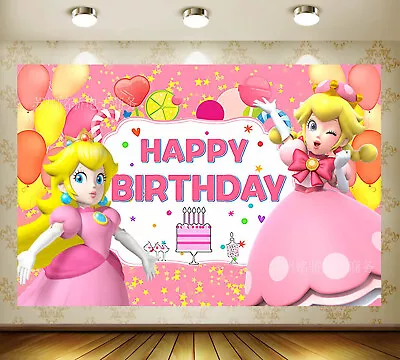 Super Mario Party Backdrop Banner Girls Birthday Party Supplies Princess Peach • $57.19