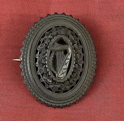 Antique Victorian Gutta Percha Vulcanite Irish Lyre 2  Oval Mourning Pin Brooch • $145