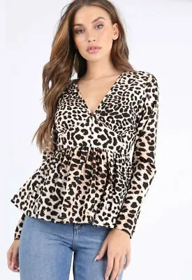 Womens Ladies Leopard Animal Print V Neck Peplum Blouse Top • £11.99