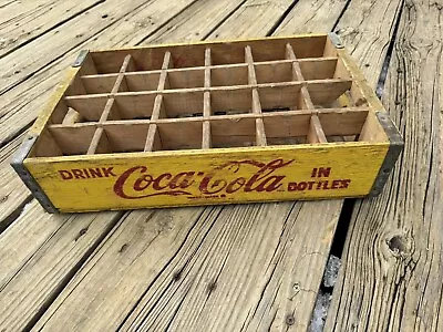 Vintage Coca-Cola Coke Yellow Wood Wooden 24 Pack Bottle Crate Carrier Divided • $60