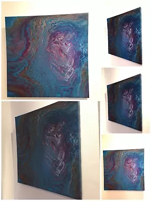 Original Acrylic On Canvas Zoom In Blue Purple Tones Unique Fluid NOT A PRINT • £34.99