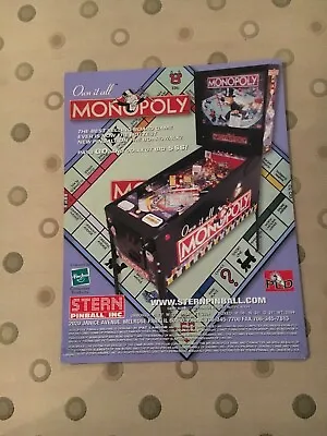 $7 • Buy Stern Monopoly Pinball Flyer, NOS 2001