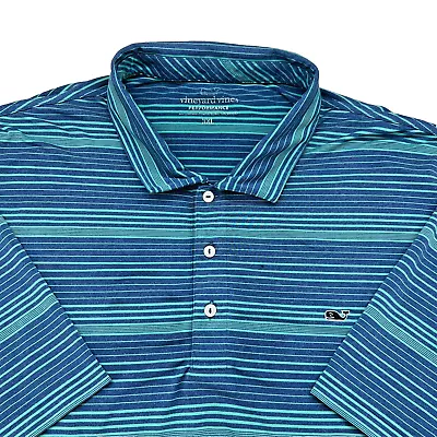 Vineyard Vines Polo Shirt Mens XXL Blue Striped Performance Stretch Whale *FLAW* • $18.88