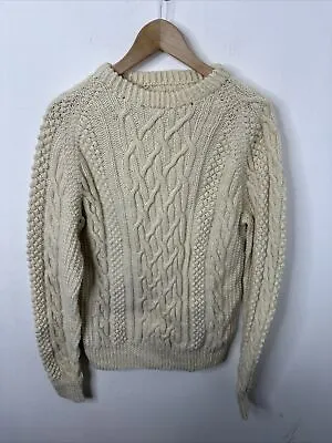 Vintage Handknit Men M Cable Knit Fisherman Sweater Irish Beige Wool • $49