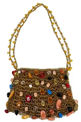 Vintage 1990s Jeweled Beaded Brass Wire Minaudiere Cocktail Evening Bag Purse • $85