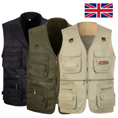 Men Sleeveless Multi-Pocket Waistcoat Safari Gilet Jacket Hiking Fishing Vest R • £11.29