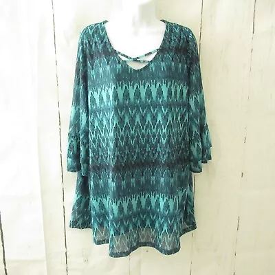 Catherines Top 0X 14 16 Green Print Bell Sleeve Popover Boho Peasant Plus Size • £14.18