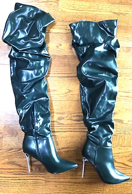 NWT  LILIANA Heavenly GREEN Thigh High Stiletto Boots W/ Acrylic Heels  Size 9 • $45.50