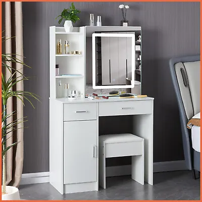 Vanity Table Set Makeup Stool Dressing Table Storage Cabinet 2 Drawers LED Light • £148.75