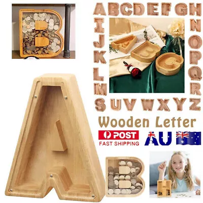 Wooden Piggy Bank Funny Letter/Guitar Coin Saving Money Box Kids Adults Gift A-Z • $17.85