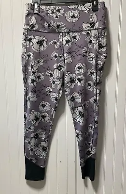 Kay Unger Purple Floral Print Elastic Waist Skinny Stretch Yoga Pants Medium XL • $13.99