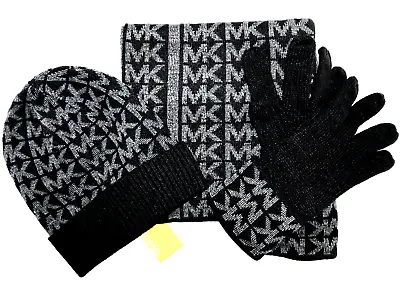 Michael Kors Black & Gray MK Logo Scarf Hat Gloves Boxed Gift Set • $68