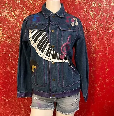 SILVER UNICORN Vintage Glitter Rock N Roll Piano JukeBox Jeans Denim Jacket L • $475