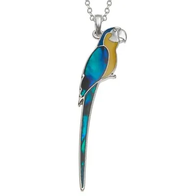 Macaw Parrot Necklace Blue Paua Abalone Shell Pendant Silver Jewellery Boxed • £10.40