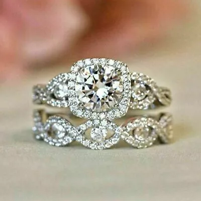 Fashion 2pcs/set 925 Silver Rings Jewelry Cubic Zircon Engagement Gifts Sz 6-10 • $3.64