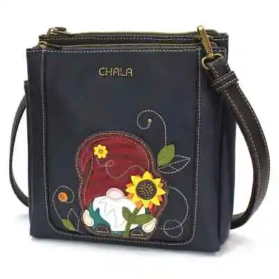 Chala Navy Blue Gnome Sunflower Merry Messenger Tote Bag Purse Faux Leather Rfid • $60