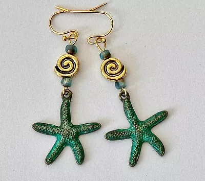 Etched Patina Starfish Earrings. Beach. Seashells. • $7.50