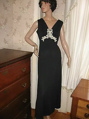 VINTAGE 1960-70s BLACK POLYESTER KNIT MAXI DRESS/GOWN-WHITE CROCHETED APPLIQUE • $18.50