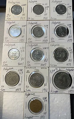 Malaysia 1967 - 2005 High Grades 20 & 50 Sen & 1 Ringgit XF - BU 13 Coin Lot • $25