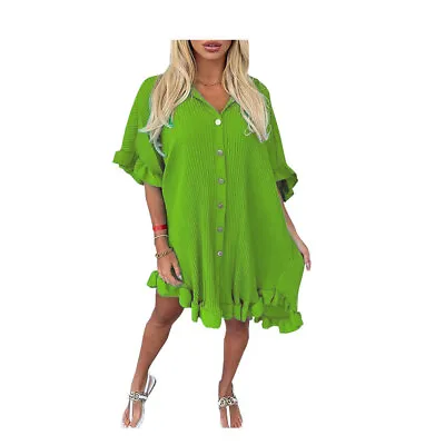 £17.99 • Buy Womens Ladies Gold Button Pleated Frill Summer Shirt Swing Smock Mini Dress Top