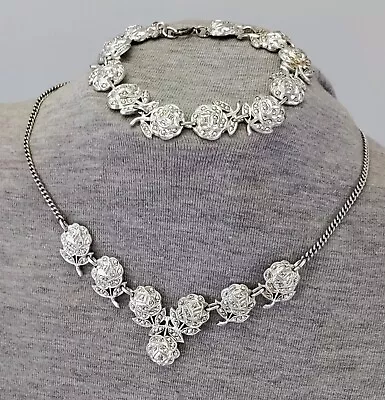 Vintage Art Deco Sterling Silver & Marcasite Rose Flower Necklace & Bracelet Set • $74.99