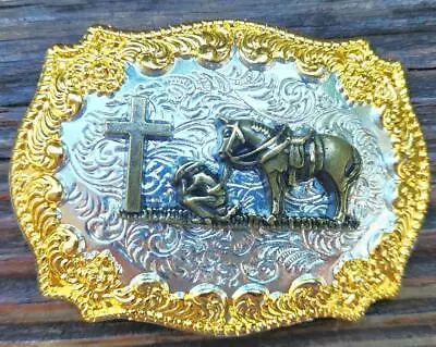 Cross Cowboy Praying Faith Christian Shine Rodeo Western Belt Buckle • $12.99