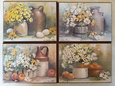 Set Of 4 Vintage Wood Plaques Sally Hamilton Still Life 6”×8” Rustic Look • $16.99