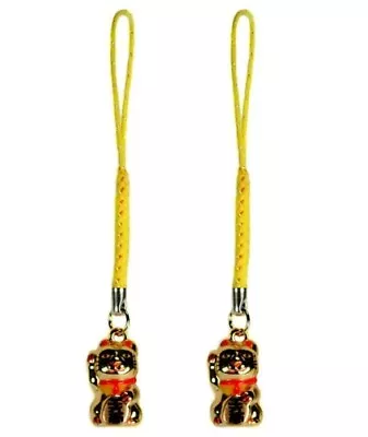 2X LUCKY GOLD CAT BELL CHARM Beckoning Kitty Maneki Neko Brass Phone Strap NEW • $8.50