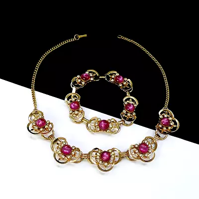 Vintage 50's Coro Pink Lucite Moonglow Cabochon Rhinestone Bracelet Necklace Set • $34.99