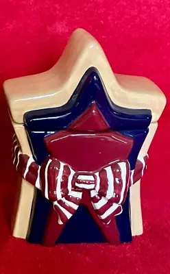 David's Cookies American Flag Ribbon Star Patriotic Cookie Jar ~ Retired ~    Mg • $39.85