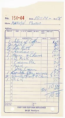 Marilyn Monroe Some Like It Hot 1959 Rare Studio Cafeteria Meal Receipt • $59