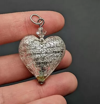 Venetian Murano Silver Flake Foil Puffy Art Glass Heart Charm Pendant • $15