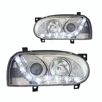Chrome LED Headlights For 1993-1998 VW Golf 3 MK3 DRL Projector Headlamps Pair • $119.99