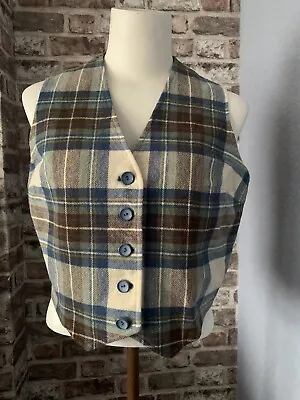 Pure New Wool Waistcoat - Ladies  - One Size - Cream Blue & Brown Check Design • £9.99