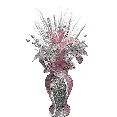 £26.99 • Buy Pink Silver Vase With Flowers Mosaic Crushed Crystal Romany Bling Decor 30cm 💎