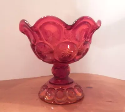 MOON And STARS AMBERINA Red Glass Pedestal Candy Dish 5.25  Tall - L.E. Smith • $10