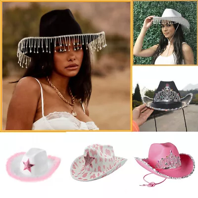 Diamond Fringe Bride Cowgirl Hat Vintage Cowboy Hat Rhinestone Fringe Hat • £11.93