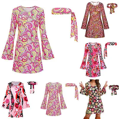 Back To The 70s 80s Vintage Hippie Costume Set Disco Outfit Lady Headband Dress· • £11.16
