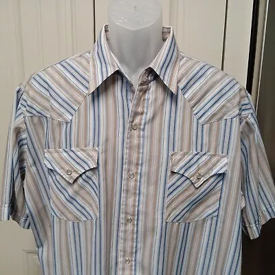 Ely Cattleman Shirt Men XL Blue Beige Stripe Pearl Snap Vintage Western Cow Boy • $12.89