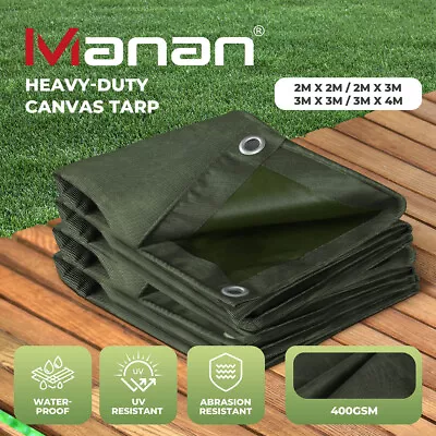 Manan Army Tarp Heavy Duty 400GSM Tarpaulin Canvas Cover Waterproof Sun Blocked • $56.99