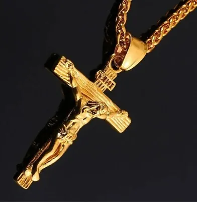 Crucifix Jesus Mens Women Chain Necklace Gold Cross Stainless Steel Pendant  • £5.85