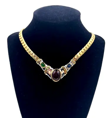 Mughal Style Vintage Necklace Glass Gemstone Cabochon Goldplate Thick Curb Chain • $150