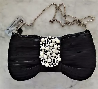$22.45 • Buy FOREVER NEW: Black Evening Bag, Clutch, Crossbody Chain Satin W/Faux Pearls 